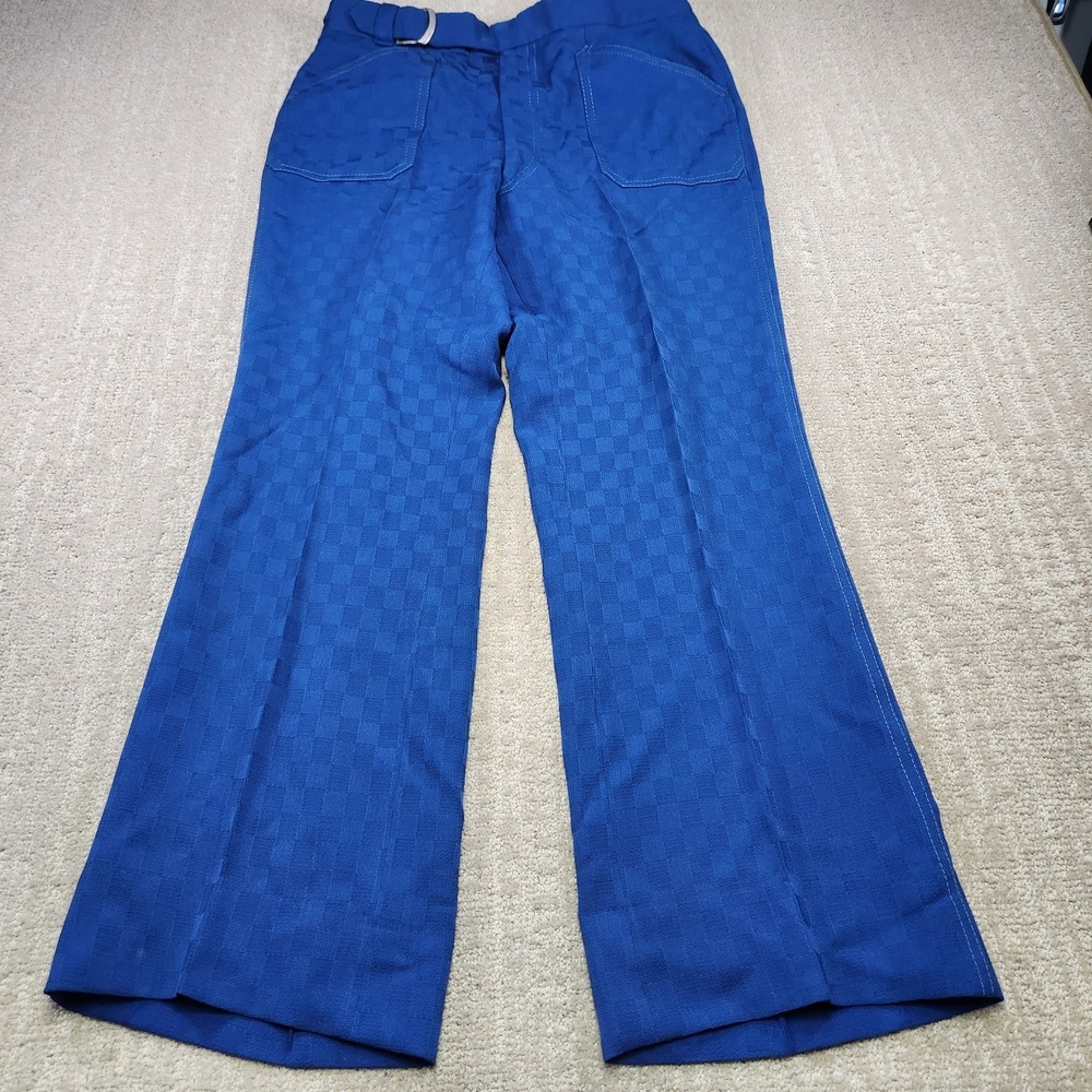 True Vintage 50s Flare Pants Men 35x29 Blue Check High Rise Trouser Flap Pocket